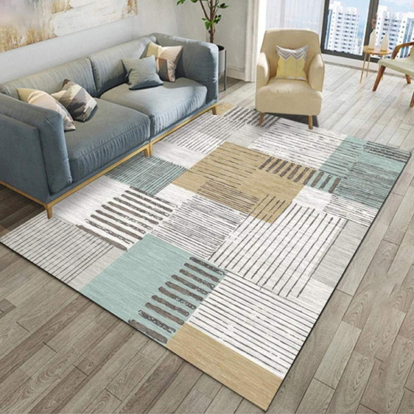 Living Room Area Rug, White Gray Lines Pattern Floor Mat
